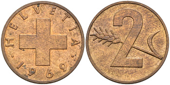 Швейцария 2 раппена 1969 KM 47 бронза 4541-127