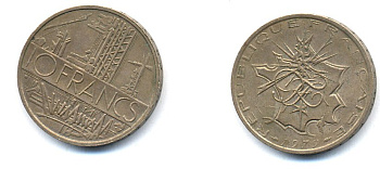 Франция 10 франков 1979 тип Матье KM 940, Le Franc 365.13-14 никель латунь 4379-647