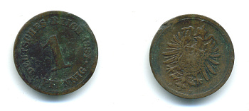 ГЕРМАНИЯ 1 ПФЕННИГ 1887 F, СТАРОГЕРБОВКА KM 1, J. 1 медь 4383-411