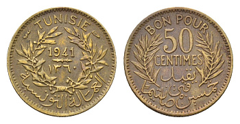 Тунис 50 сантимов 1941 KM 246 алюминиевая бронза 4669-516