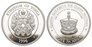 Тонга 1 паанга 1996 Королева-мать - Коронация Королевы-матери KM 166 серебро PROOF 1091-7-33