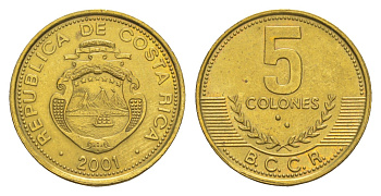 Коста-Рика 5 колонов 2001 KM 227a.2 латунь 4644-356