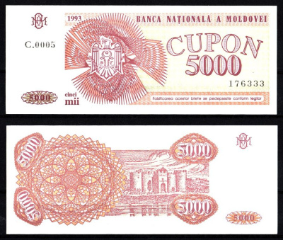 Молдова 5000 купонов 1993 Pick 4 бумага UNC (пресс) 7207-9-2-1