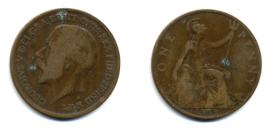 Великобритания 1 пенни 1919 Георг V (1910-1936) КМ 810, Spink 4051 бронза 47-232