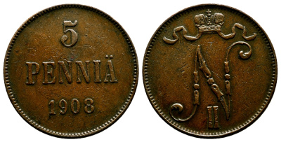 Россия для Финляндии 5 пенни 1908 Николай II (1894-1917) KM 15, Биткин 449 медь 4382-833