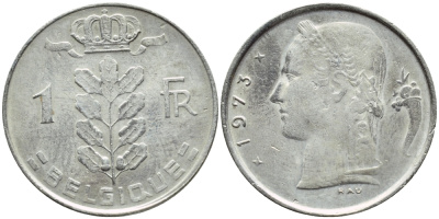 БЕЛЬГИЯ 1 ФРАНК 1973 BELGIQUE KM 142.1 медно-никель 4384-753
