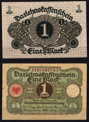 Германия 1 марка 1920 гербы, орнамент Pick 58 бумага 6289-54-1-2