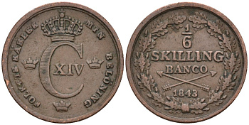Швеция 1/6 скиллинга 1843 Карл XIV Юхан (1818-1844) KM 639 медь 188-1222