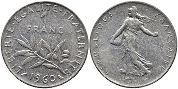 ФРАНЦИЯ 1 ФРАНК 1960 СЕЯТЕЛЬ KM 925.1, LE FRANC 226.4 никель 4393-213