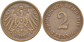 Германия 2 пфеннига 1916 A KM 16, J. 11, Weege 4 медь 206-664