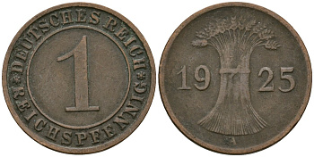 Германия 1 рейхспфенниг 1925 A KM 37, J. 313 бронза 4189-1064