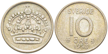 Швеция 10 эре 1958 TS, Густав VI Адольф (1950-1973) KM 823 серебро 116-1217