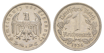 Германия 1 рейхсмарка 1934 A KM 78 никель aUNC 1528-125