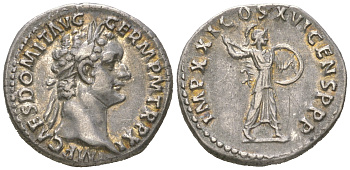 Римская Империя денарий 92 Домициан, IMP CAES DOMIT AVG GERM P M TR P XI, голова императора/IMP XXI COS XVI CENS P P P, Минерва, Рим, 3,60 гр, about extremely fine RIC 166 серебро 00-00