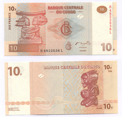 ДР Конго 10 франков 2003 древние фигурки, серия H-L Pick 93 бумага UNC (пресс) 448-6-2-2