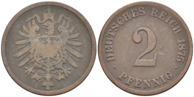 ГЕРМАНИЯ 2 ПФЕННИГА 1875 G, СТАРОГЕРБОВКА KM 2, J. 2 медь 175-241