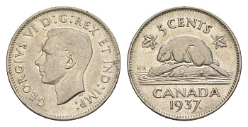 Канада 5 центов 1937 бобр Dot, Георг VI (1936-1952) KM 33 никель 4636-555