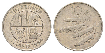 Исландия 10 крон 1984 рыбы KM 29.1 медно-никель 4646-1216