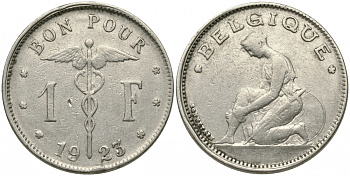 Бельгия 1 франк 1923 Belgique, Альберт I (1909-1934) KM 89 никель 51-1926