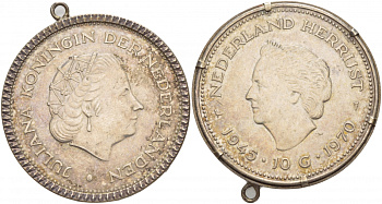 Нидерланды 10 гульденов 1970 25 лет освобождения от фашизма (1945-1970), Юлиана, кулон в оправе KM 195 серебро 1066-2-41