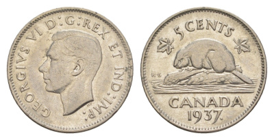 Канада 5 центов 1937 бобр Dot, Георг VI (1936-1952) KM 33 никель 4636-555