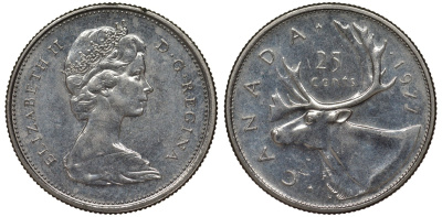 Канада 25 центов 1977 Елизавета II (1952-2022), олень карибу KM 62b никель 4128-651