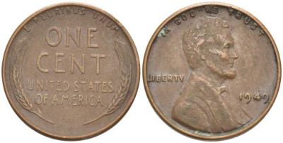 США 1 ЦЕНТ 1949 ЛИНКОЛЬН KM А132 медь цинк 218-528