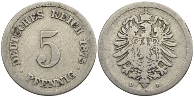 ГЕРМАНИЯ 5 ПФЕННИГОВ 1875 D, СТАРОГЕРБОВКА KM 3, Jager 3, Weege 5 медно-никель 4546-1033
