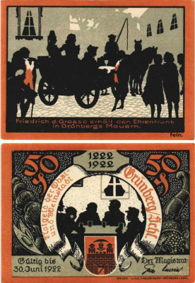 ГРЮНБЕРГ 50 ПФЕННИГОВ 1922 НОТГЕЛЬД, 30 ИЮНЯ 1922, ЗЕМЛЯ ГЕССЕН, 700 ЛЕТ Grabowski 489.5 бумага 6312-3-2-1