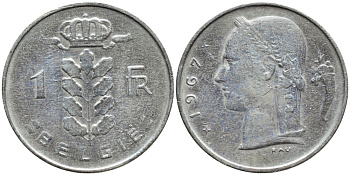 БЕЛЬГИЯ 1 ФРАНК 1967 BELGIE KM 143.1 медно-никель 4388-935