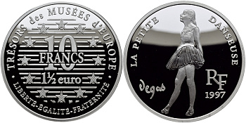 Франция 10 франков = 1 1/2 евро 1997 серия сокровища музеев Европы, танцовщица, Дега KM 1292 серебро PROOF 1076-9-64