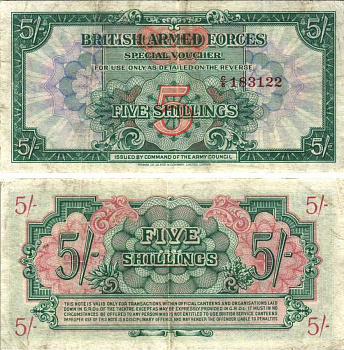 АНГЛИЯ 5 ШИЛЛИНГОВ 1946 ПЕРВАЯ СЕРИЯ, ДЛЯ ВООРУЖЕННЫХ СИЛ, СПЕЦИАЛЬНЫЙ ВАУЧЕР Pick M13a бумага VF 7207-12-3-2