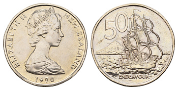 Новая Зеландия 50 центов 1970 Елизавета II (1952-2022), птичка киви, тираж 30.000 экземпляров KM 37 медно-никель BU 51-4725