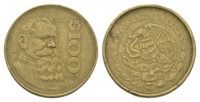 Мексика 100 песо 1988 KM 4934 алюминиевая бронза 4114-131