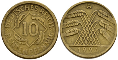 Германия 10 рентенпфеннигов 1924 A KM 33, J. 309 алюминиевая бронза 4602-268