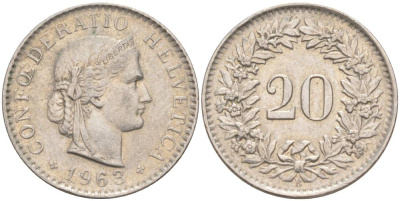 ШВЕЙЦАРИЯ 20 РАППЕНОВ 1963 В KM 29a медно-никель 55-833