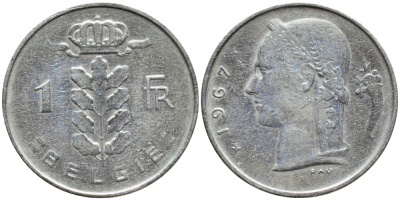БЕЛЬГИЯ 1 ФРАНК 1967 BELGIE KM 143.1 медно-никель 4388-935