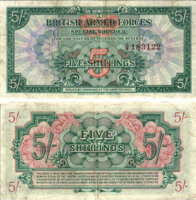 АНГЛИЯ 5 ШИЛЛИНГОВ 1946 ПЕРВАЯ СЕРИЯ, ДЛЯ ВООРУЖЕННЫХ СИЛ, СПЕЦИАЛЬНЫЙ ВАУЧЕР Pick M13a бумага VF 7207-12-3-2