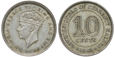 Британская Малайя 10 центов 1943 Георг VI (1937-1952) KM 4a серебро 53-224