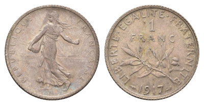 Франция 1 франк 1917 KM 844 серебро 93-247