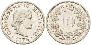 Швейцария 10 раппенов 1974 KM 27 медно-никель 4529-327
