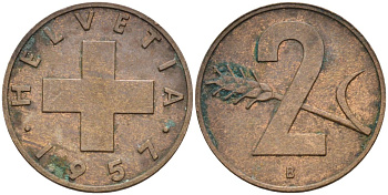 Швейцария 2 раппена 1957 В KM 47 бронза 4591-1144