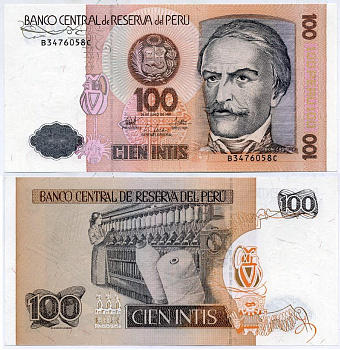Перу 100 инти 1987 Рамон Кастилья, прядильная машина Pick 133 бумага UNC (пресс) 7547-70-3