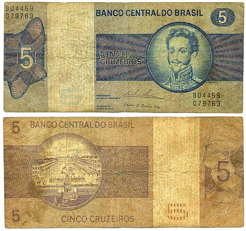 БРАЗИЛИЯ 5 КРУЗЕЙРО 1974 ПОДПИСЬ 18, ПЕДРУ I, ИМПЕРАТОР БРАЗИЛЬСКОЙ ИМПЕРИИ Pick 192c бумага 7375-36-1-1