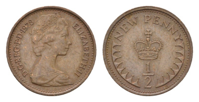Великобритания 1/2 нового пенни 1978 Елизавета II (1952-2022) KM 914, Spink 4239 бронза 4674-425