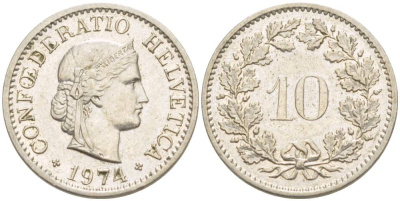 Швейцария 10 раппенов 1974 KM 27 медно-никель 4529-327