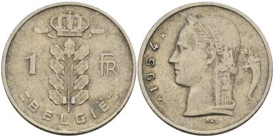 БЕЛЬГИЯ 1 ФРАНК 1954 BELGIE KM 143.1 медно-никель 4546-341