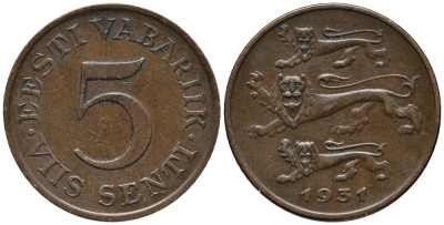 Эстония 5 центов 1931 первая Республика (1918-1941) KM 11 бронза 34-725