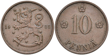 Финляндия 10 пенни 1935 республика (1918-1962) KM 24 медь 4563-616