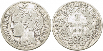 Франция 2 франка 1881 А, третья Республика KM 817.1 серебро 1515-511